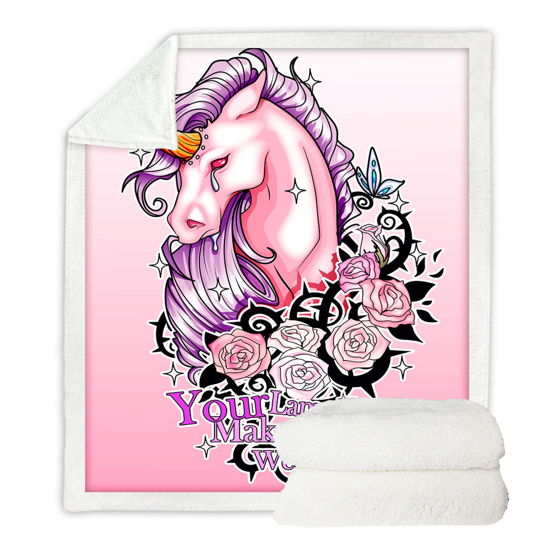 Sherpa Blanket with Pink Roses and Unicorn Rudicorn Cool Quote