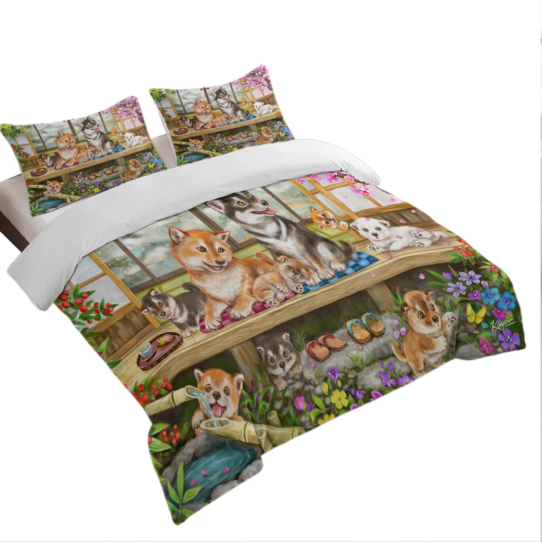 Shiba Inu Dogs and Puppies in Japanese Garden Duvet Cover