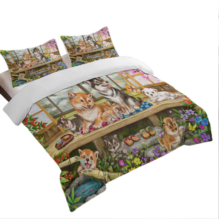 Shiba Inu Dogs and Puppies in Japanese Garden Duvet Cover