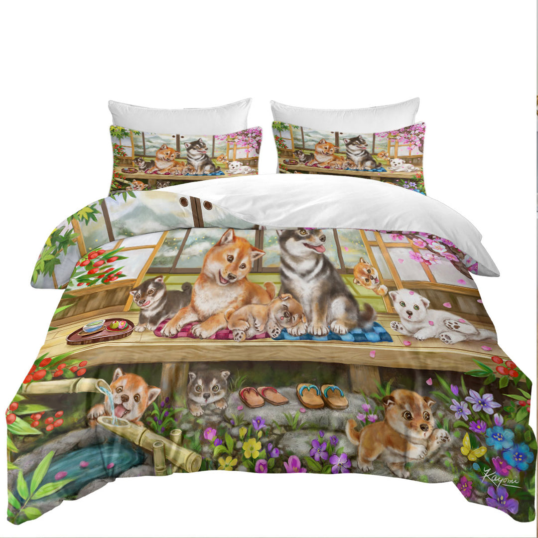 Shiba Inu Dogs and Puppies in Japanese Garden Oversized King Duvet Cover