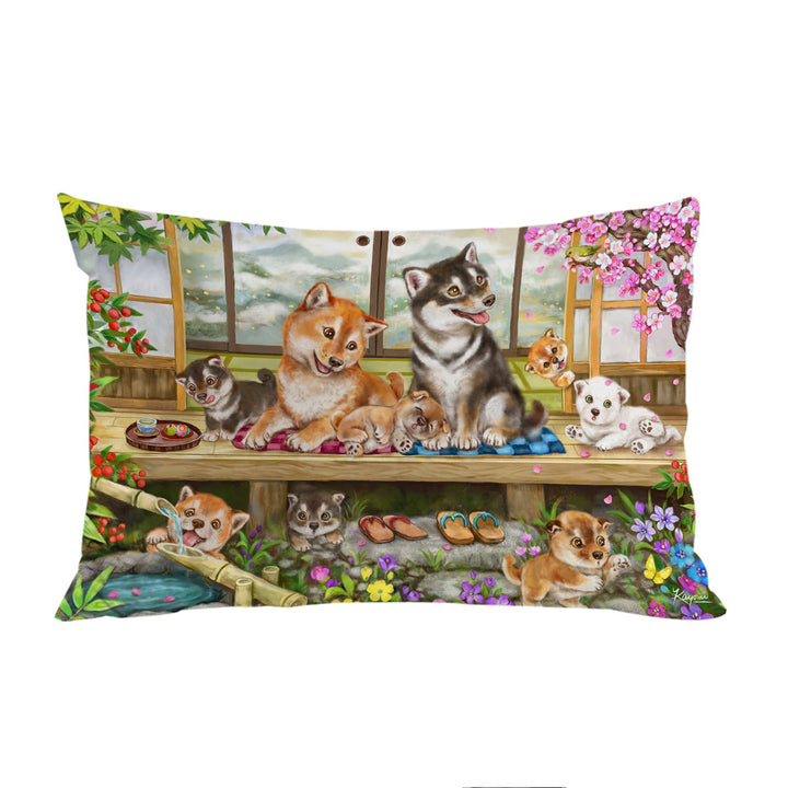 Shiba Inu Dogs and Puppies in Japanese Garden Pillow Case Covers