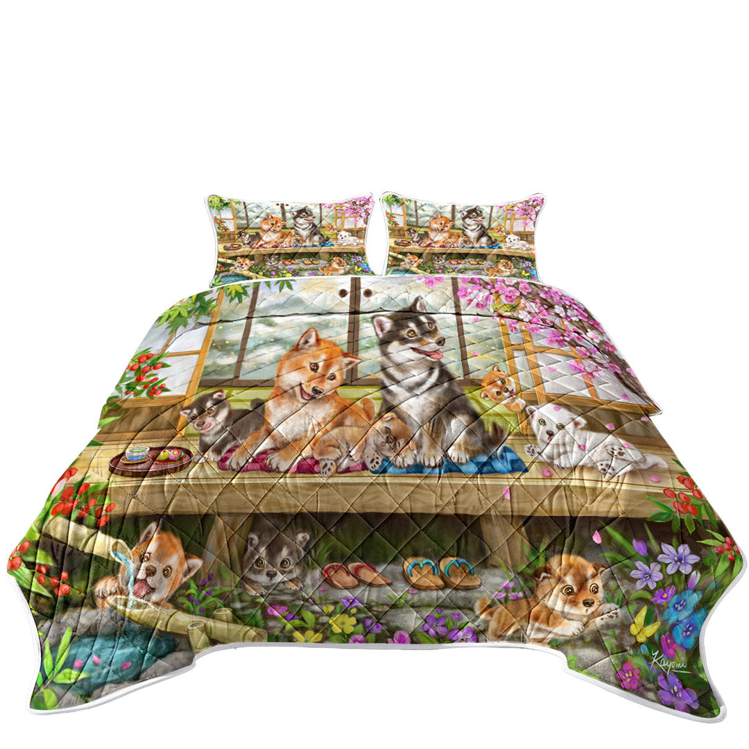Shiba Inu Dogs and Puppies in Japanese Garden Quilt