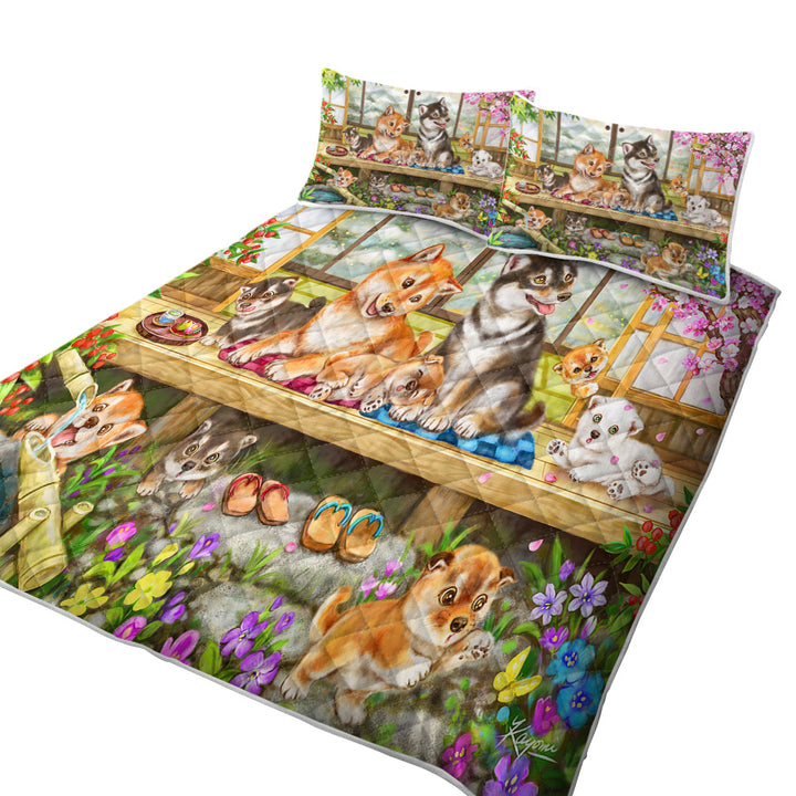 Shiba Inu Dogs and Puppies in Japanese Garden Quilts