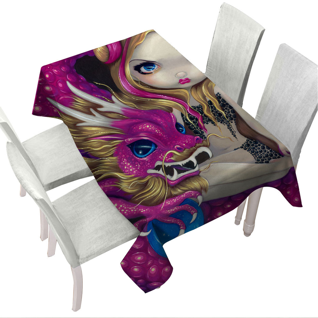 Shimmering Pink Dragon and Beautiful Big Eyed Girl Tablecloth