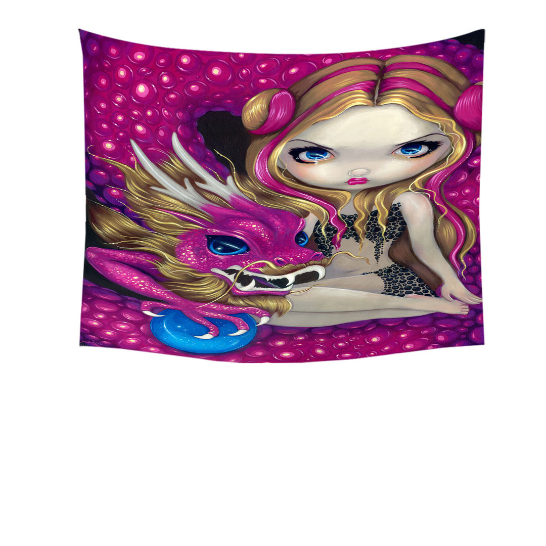 Shimmering Pink Dragon and Beautiful Big Eyed Girl Tapestry Wall Decor