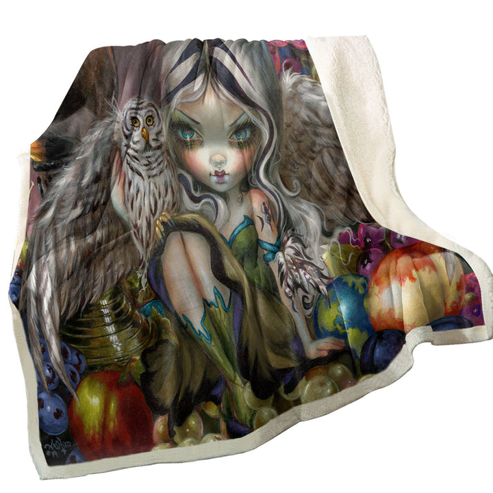 Silent Wisdom Owl Angel Wine and Fruits Sherpa Blanket