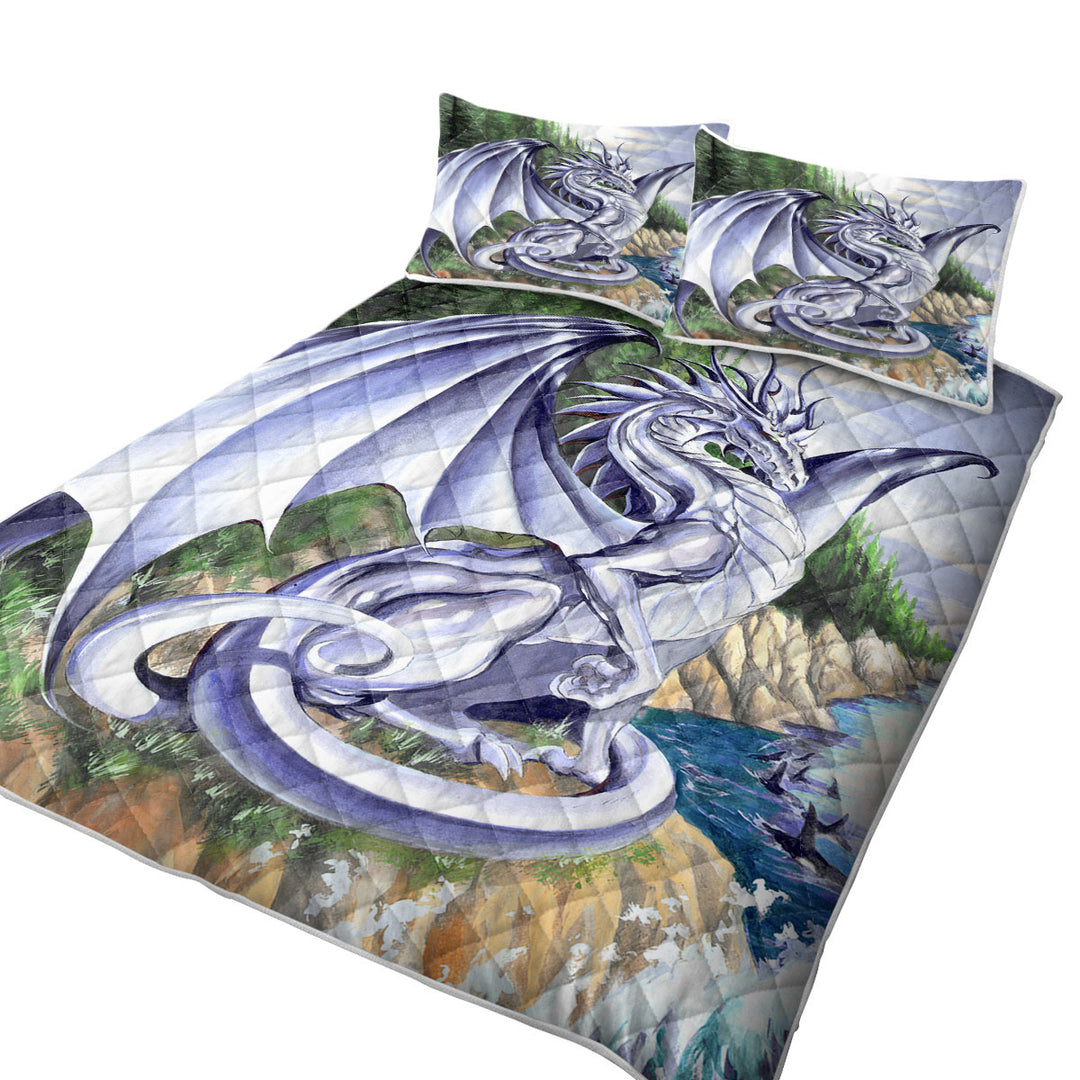 Silver Coastal Grey Dragon Drawing Twin Quilt
