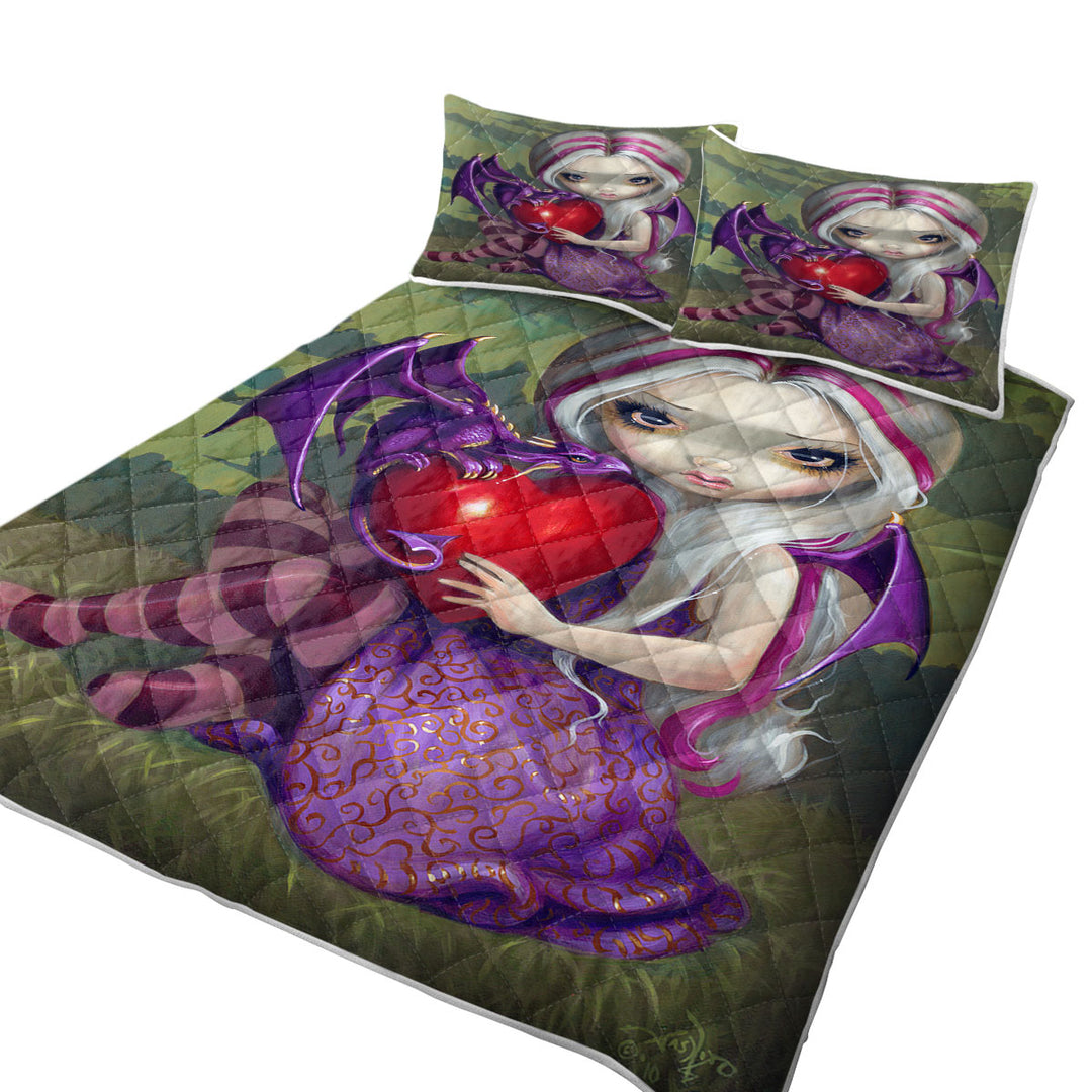 Silver Pink Haired Fairy With Cute Valentine Dragon Coverlet