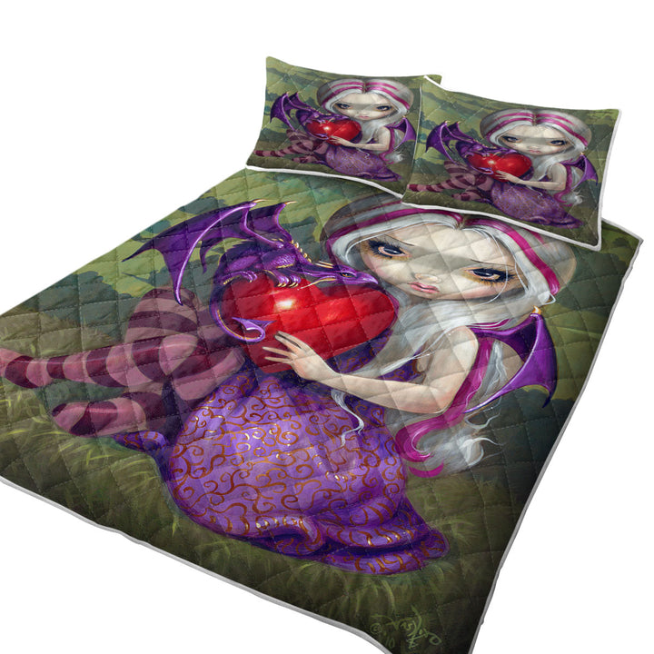 Silver Pink Haired Fairy With Cute Valentine Dragon Coverlet