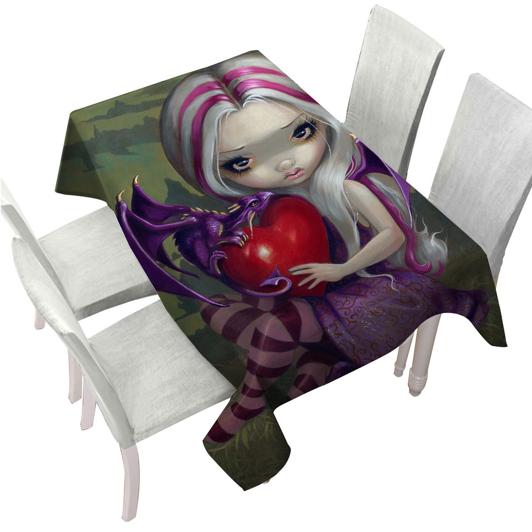 Silver Pink Haired Fairy With Cute Valentine Dragon Custom tablecloths