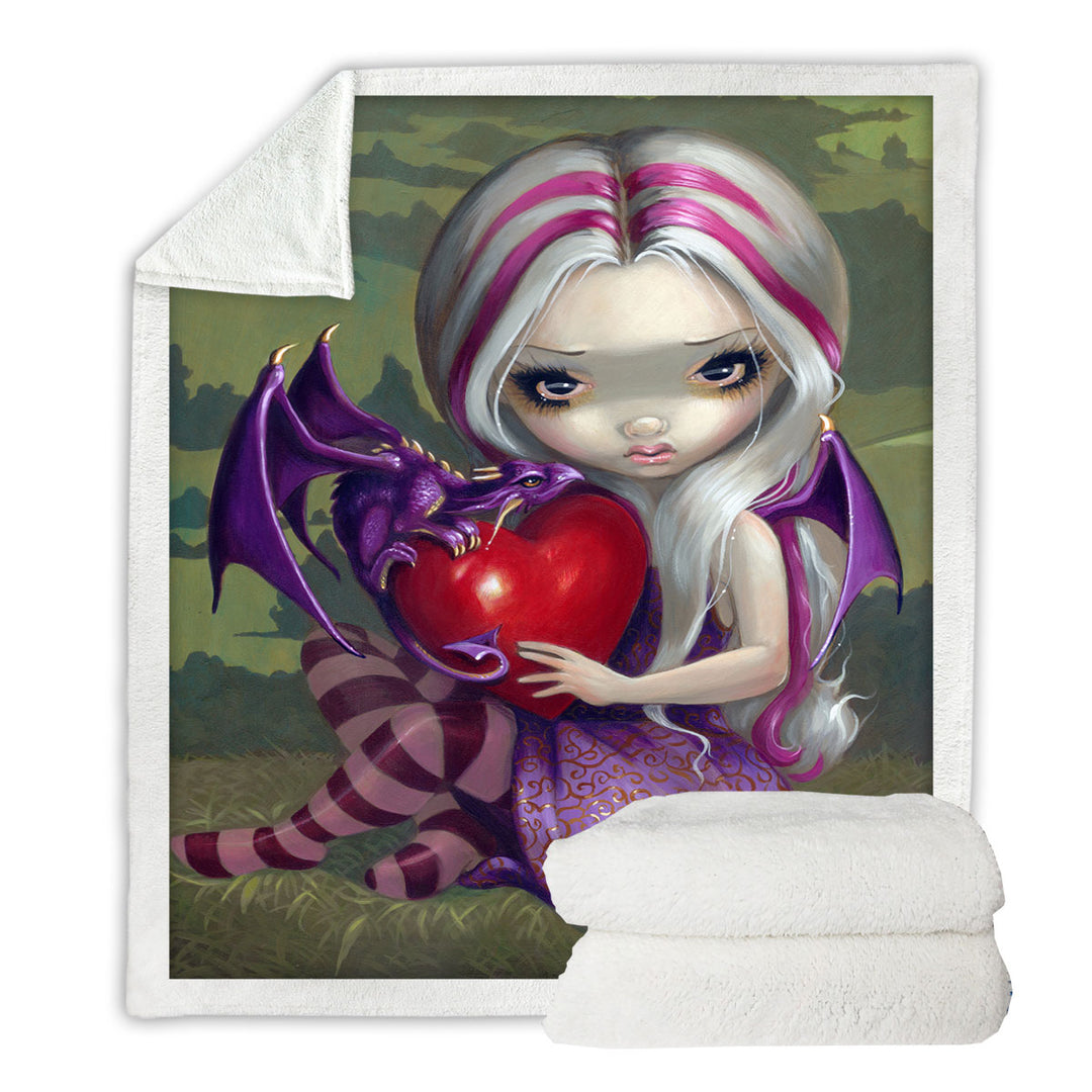 Silver Pink Haired Fairy With Cute Valentine Dragon Sherpa Blanket