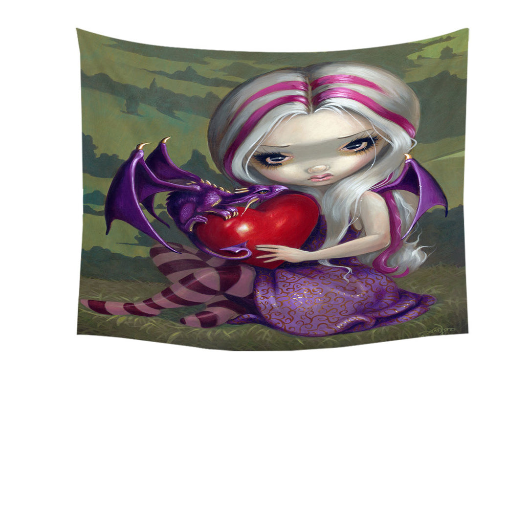 Silver Pink Haired Fairy With Cute Valentine Dragon Tapestry