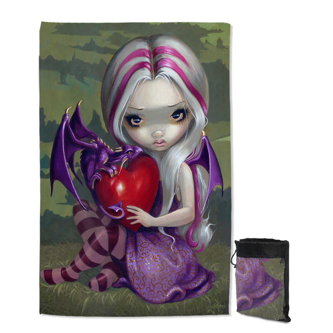 Silver Pink Haired Fairy With Cute Valentine Dragon Travel Beach Towel