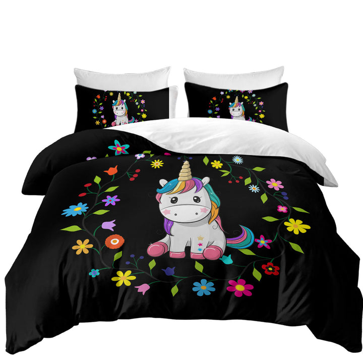 Simple Floral Circle and Adorable Unicorn California King Duvet Cover