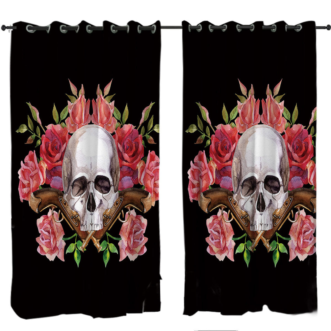 Skull Roses and Vintage Pistols Curtain