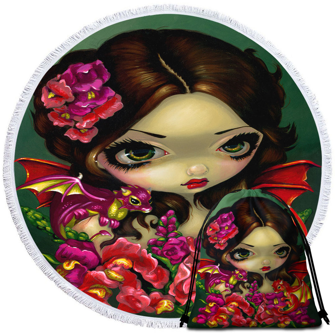 Snapdragon Flowers Fairy and Her Dragonlings Beach Towels