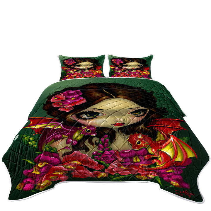 Snapdragon Flowers Fairy and Her Dragonlings King Quilt