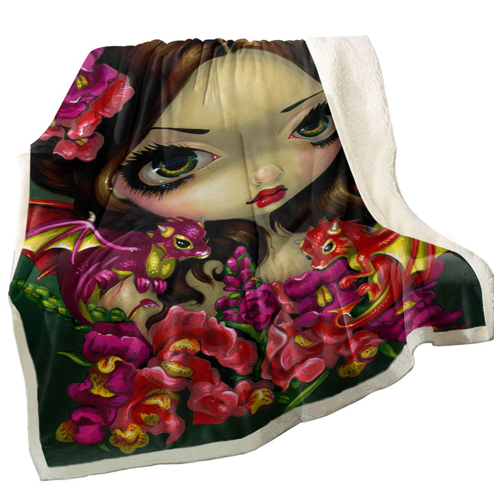 Snapdragon Flowers Fairy and Her Dragonlings Sherpa Blanket