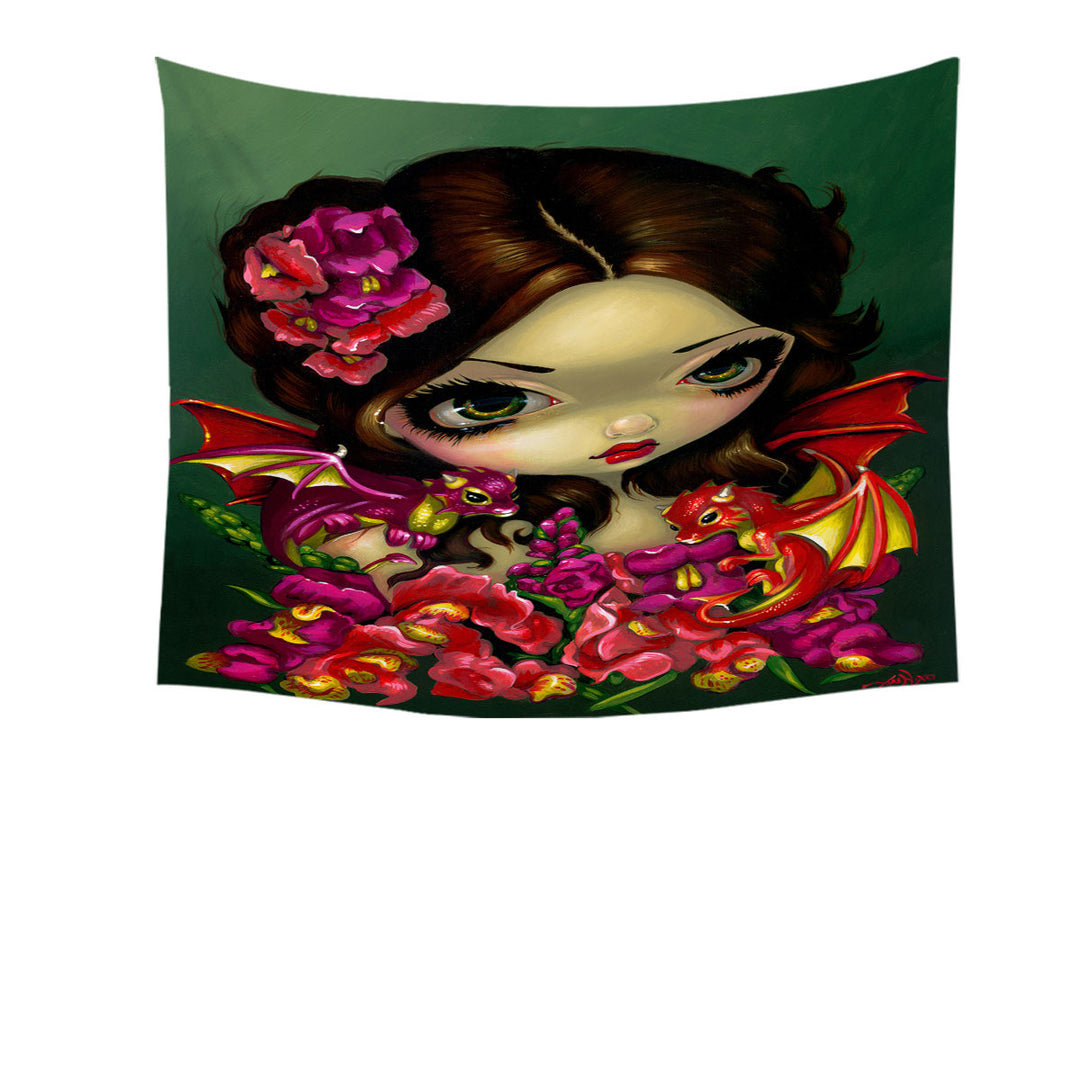 Snapdragon Flowers Fairy and Her Dragonlings Tapestry