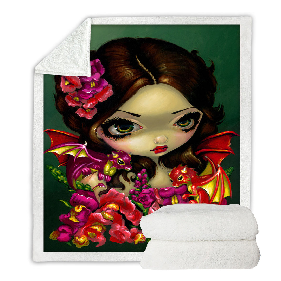 Snapdragon Flowers Fairy and Her Dragonlings Throw Blanket