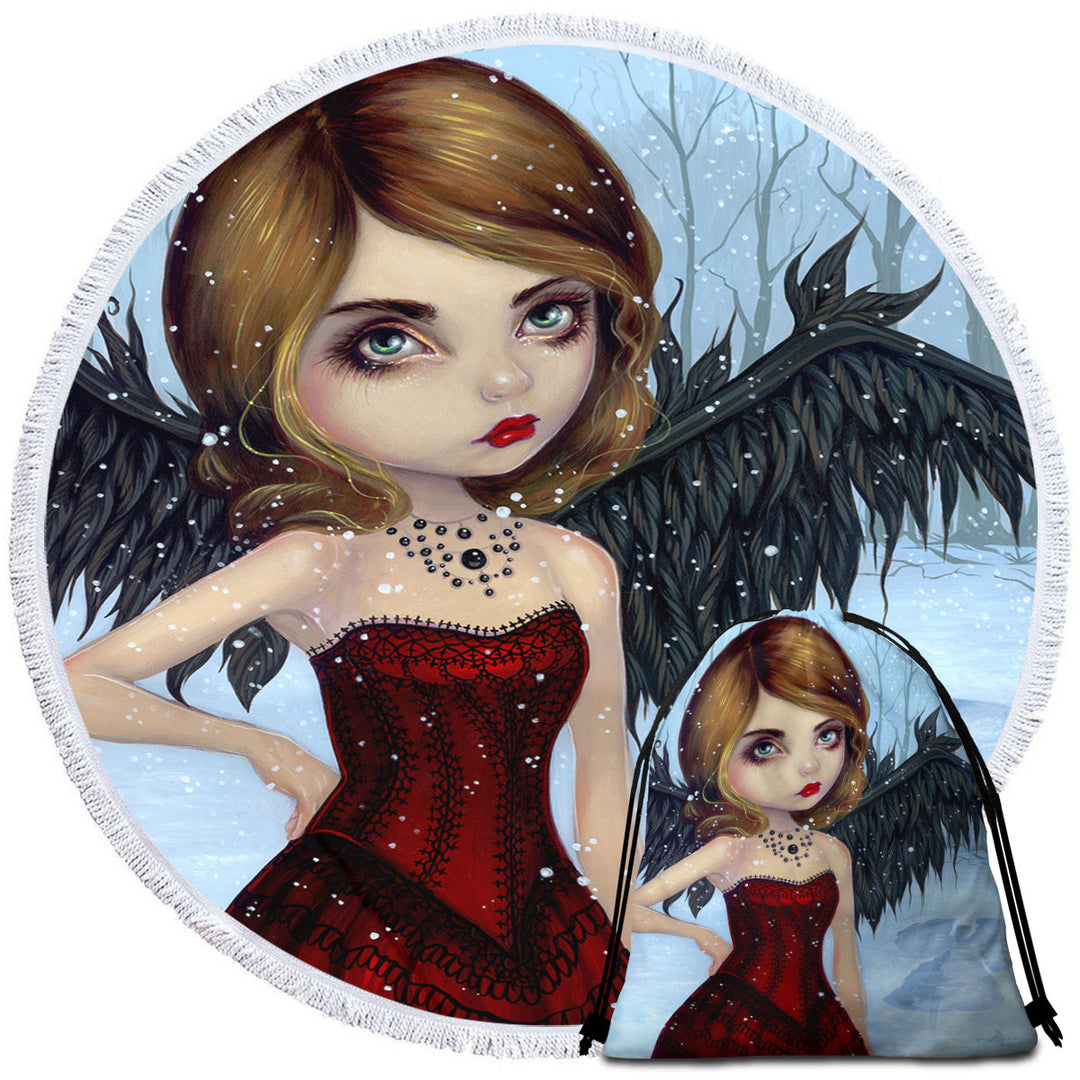 Snow Angels Winter Forest Winged Beautiful Maiden Round Towel
