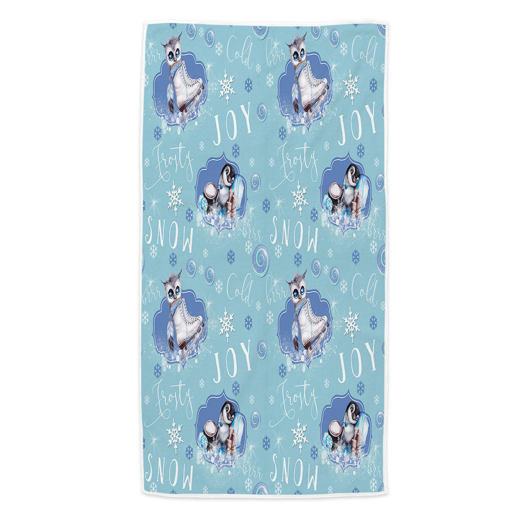 Snowflakes Winter Owl Penguin Pattern Beach Towels
