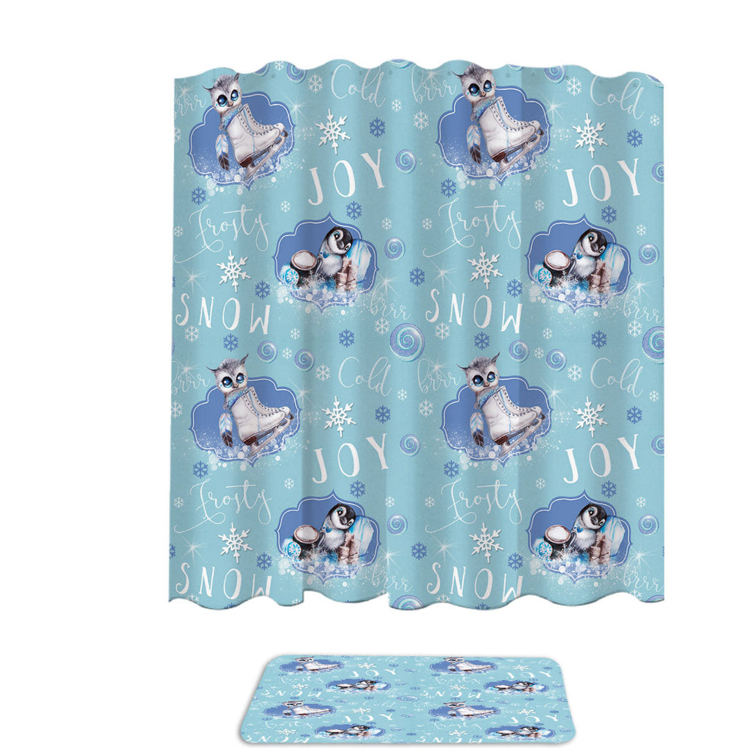 Snowflakes Winter Owl Penguin Pattern Shower Curtain