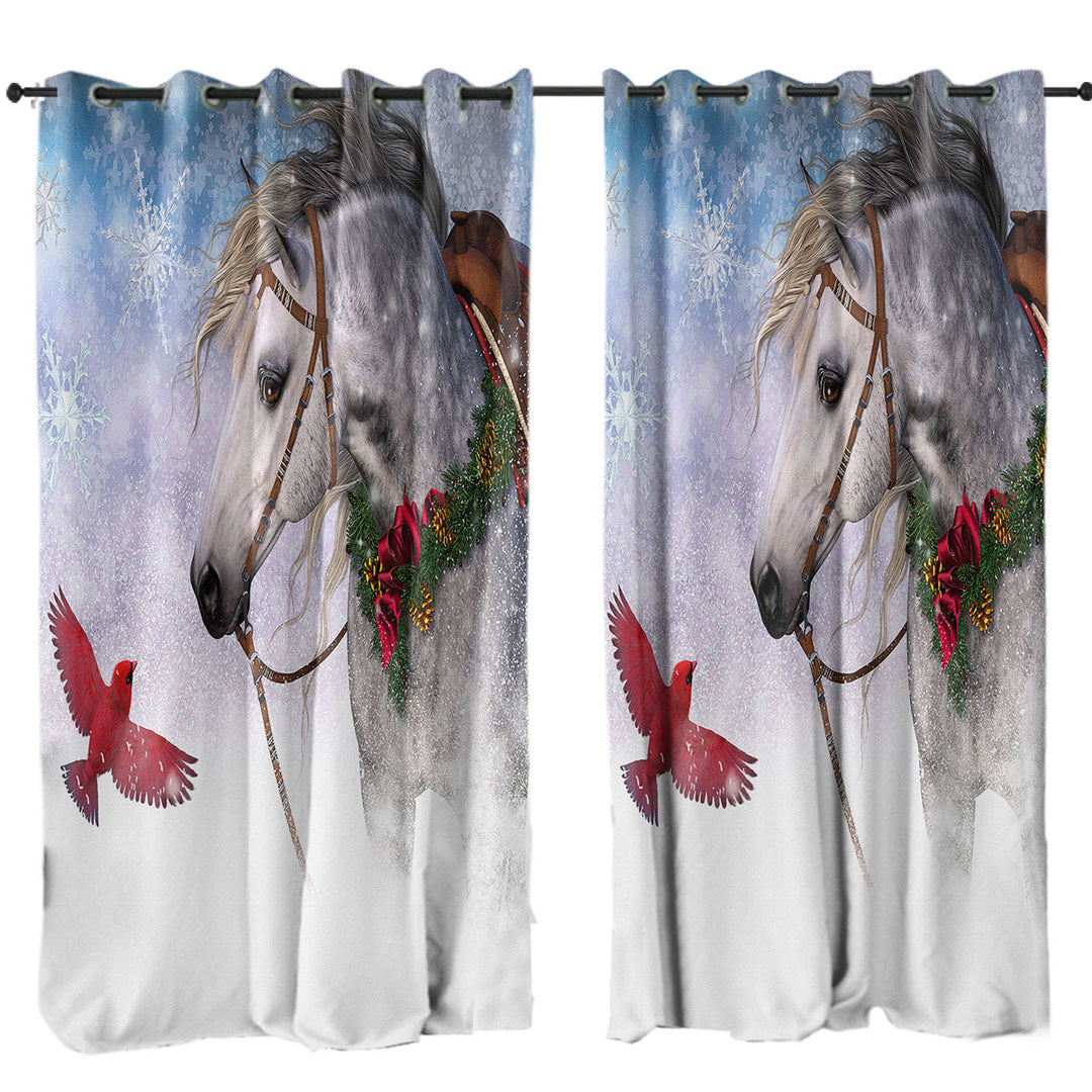 Snowy Christmas with Red Bird and White Horse Curtain