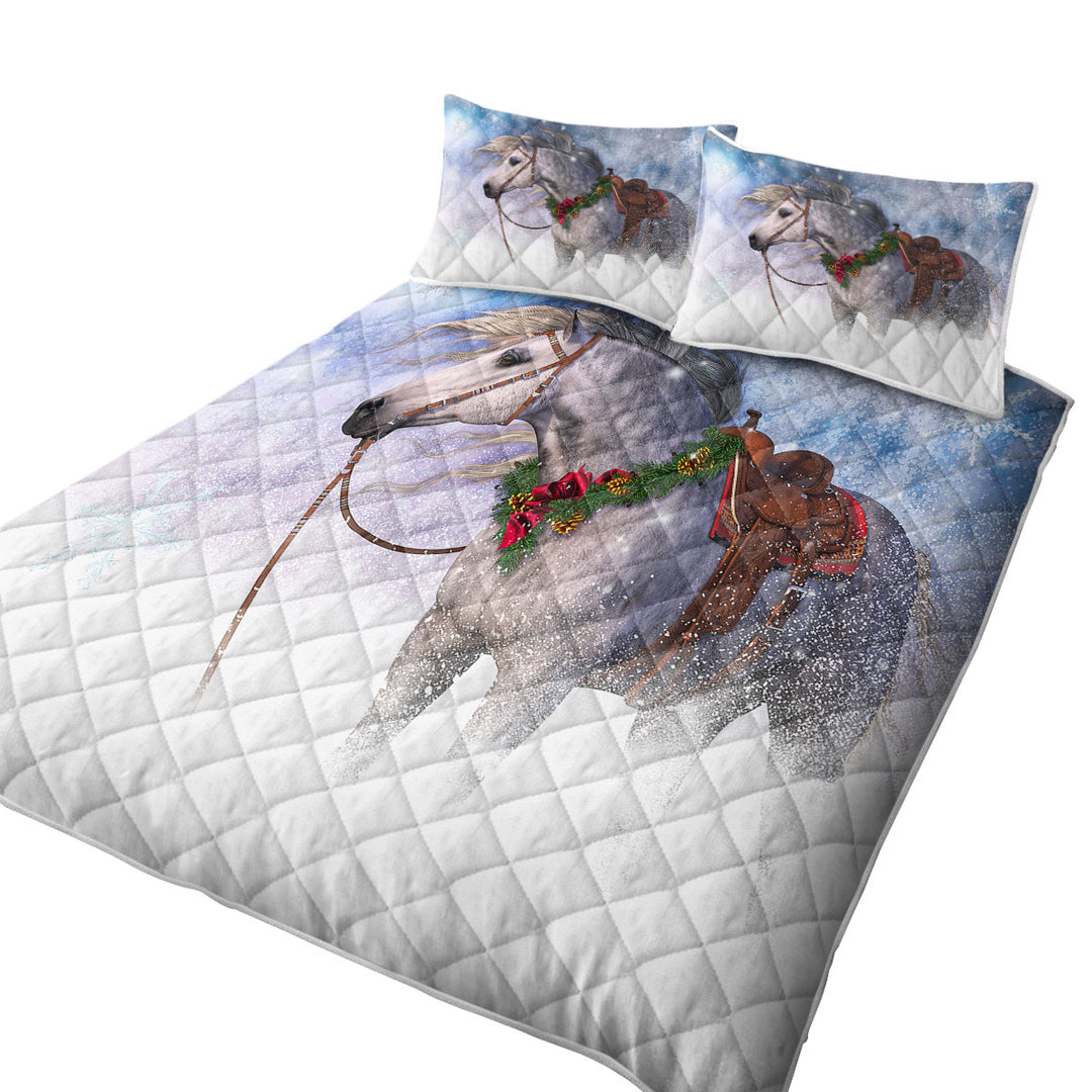 Snowy Christmas with White Horse King Size Quilt