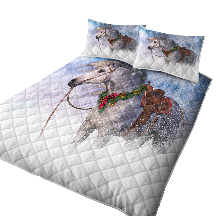 Snowy Christmas with White Horse King Size Quilt