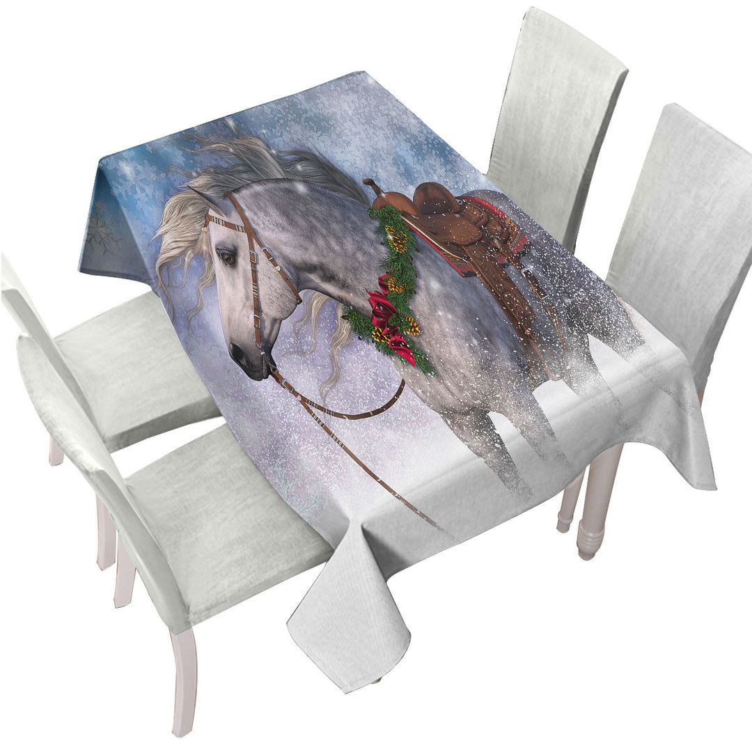 Snowy Christmas with White Horse Table Cover