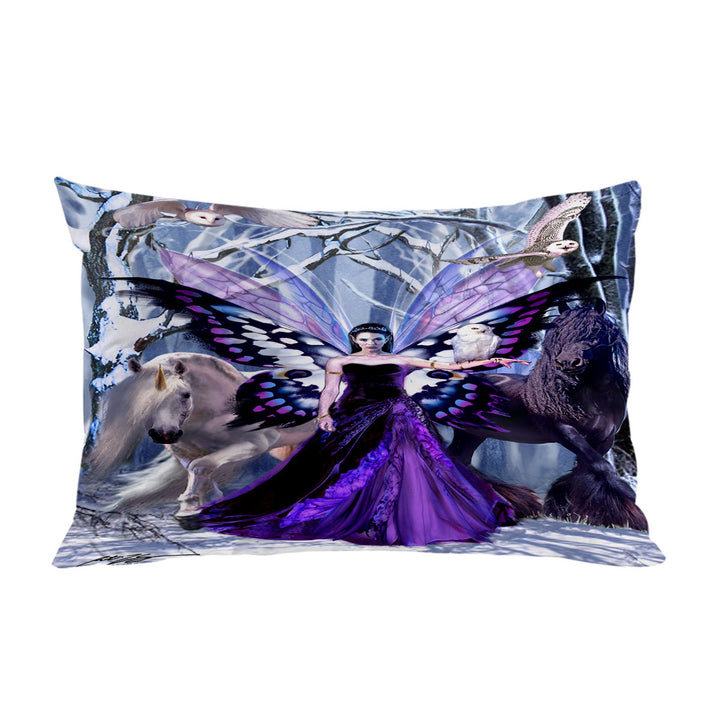 Snowy Forest Owls Horses and Purple Fairy Queen Pillow Cases
