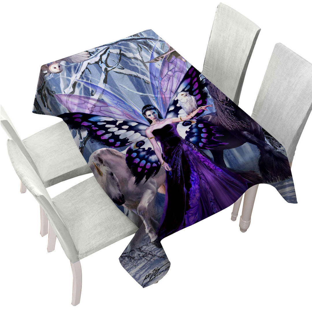 Snowy Forest Owls Horses and Purple Fairy Queen Tablecloth