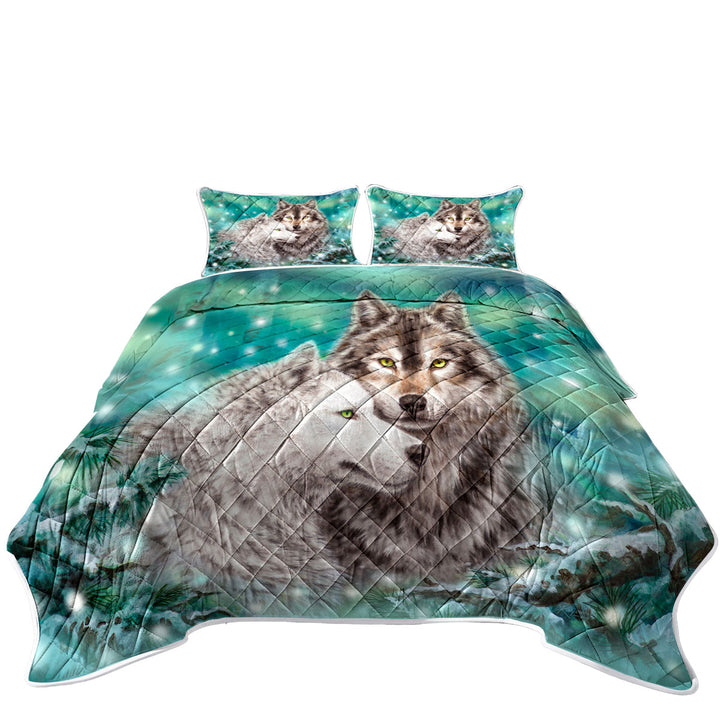 Snowy Forest Wolves Couple Duet King Size Quilt Sets