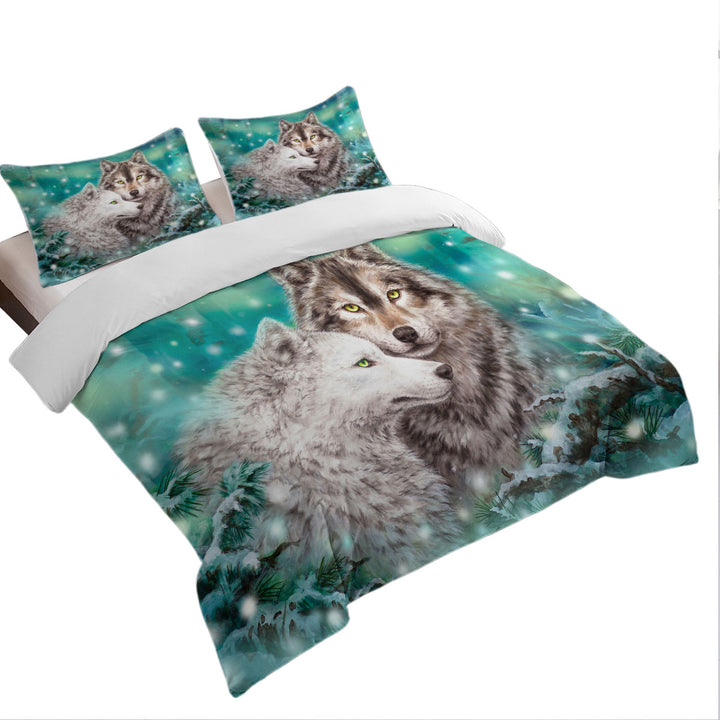 Snowy Forest Wolves Couple Duet Twin Duvet Covers