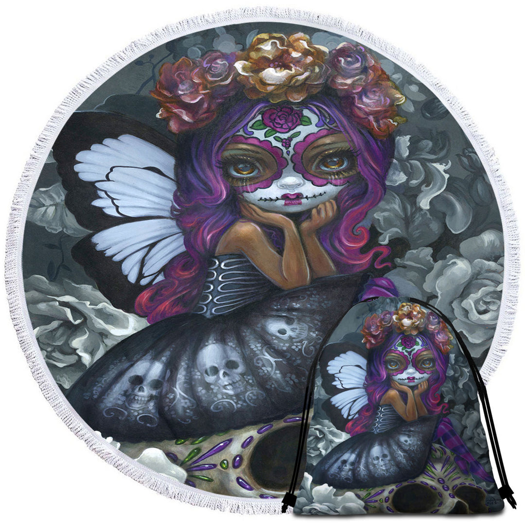 Soulful Spirits Day of the Dead Round Beach Towel Girl and Skulls