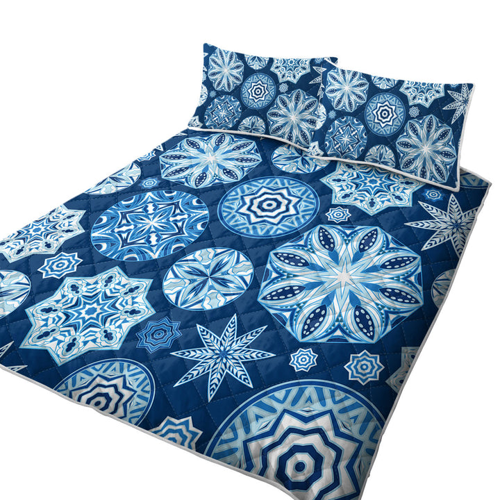Sparkling Blue Snowflakes Mandalas California King Quilt Sets