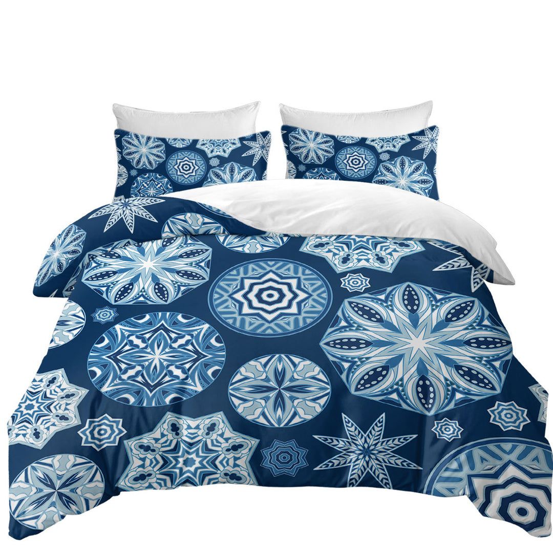 Sparkling Blue Snowflakes Mandalas Duvet Cover