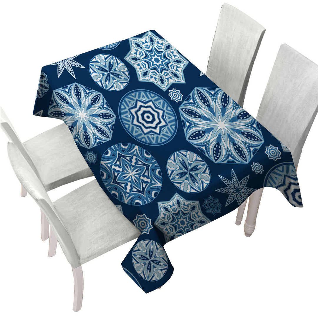 Sparkling Blue Snowflakes Mandalas Tablecloth