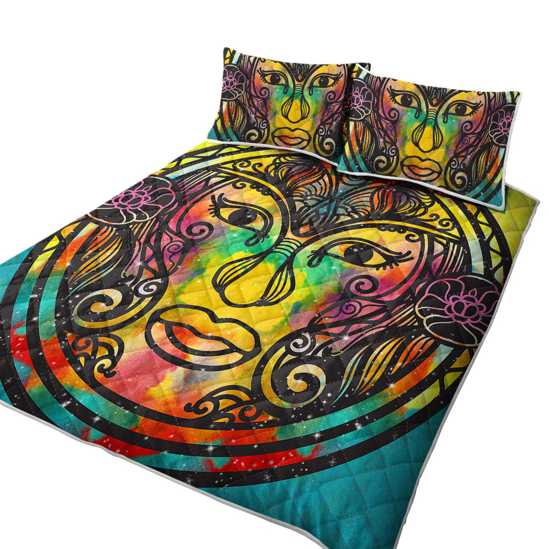 Spiritual Oriental God Face over Space Coverlets
