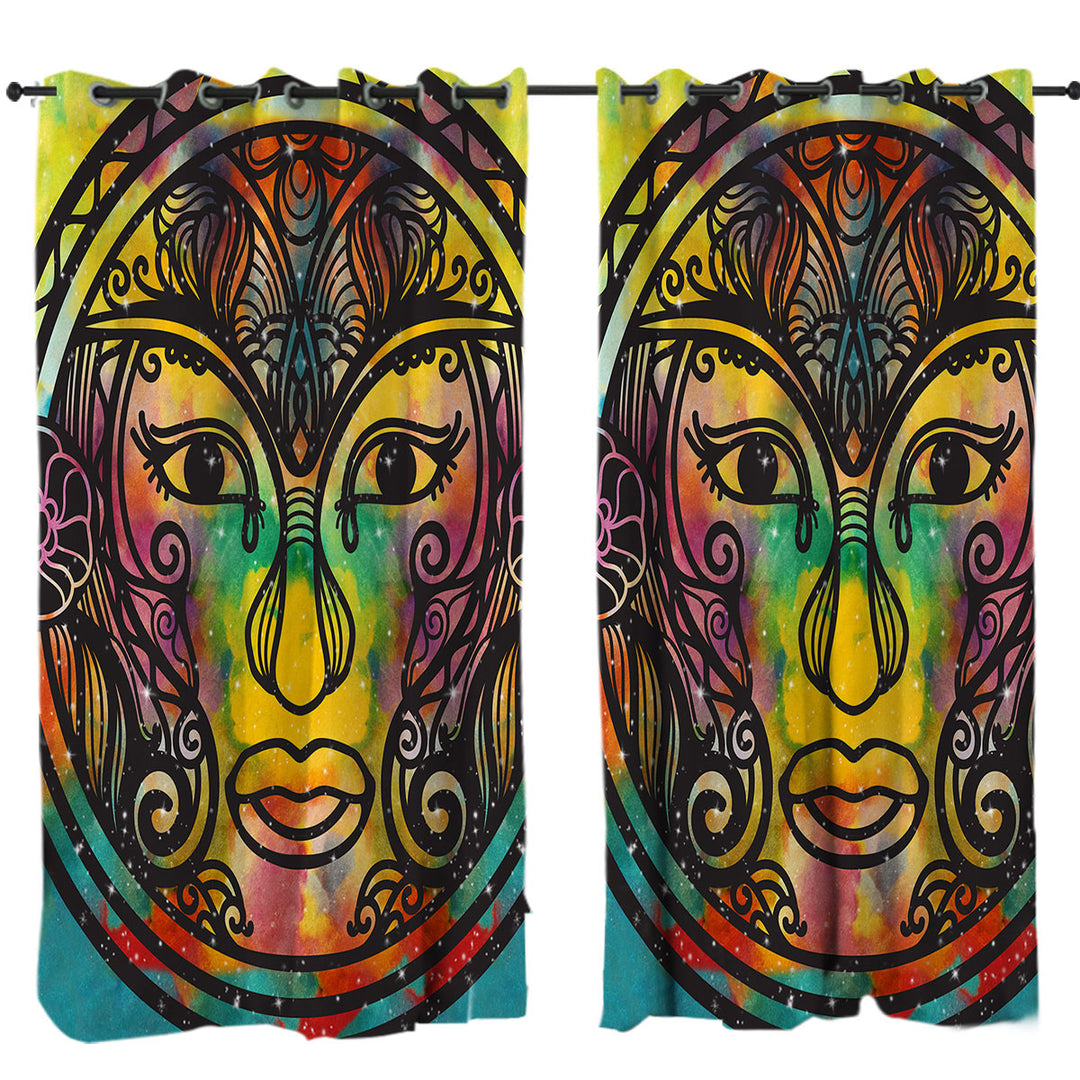 Spiritual Oriental God Face over Space Curtains