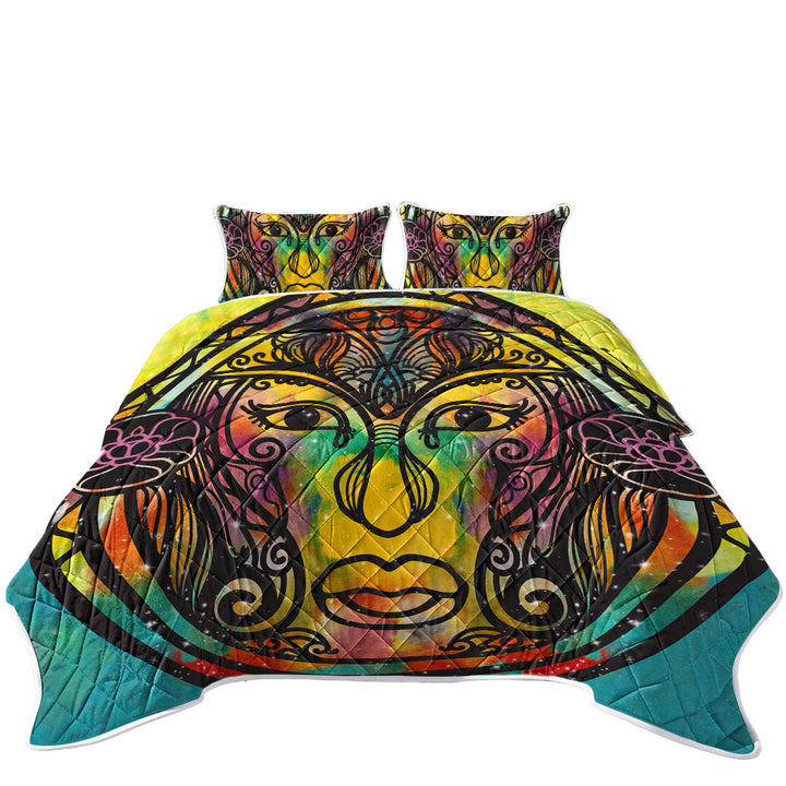 Spiritual Oriental God Face over Space Quilt