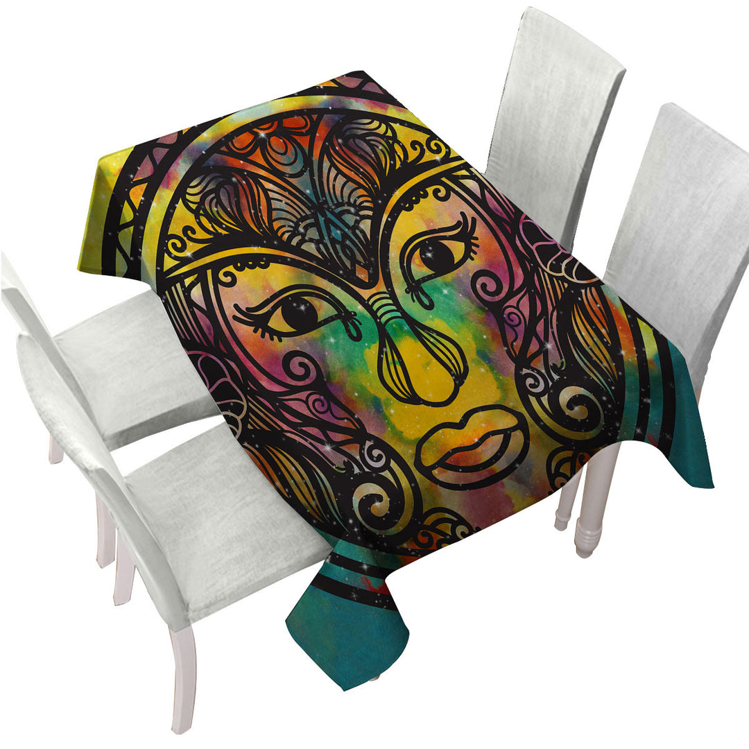 Spiritual Oriental God Face over Space Table Cover