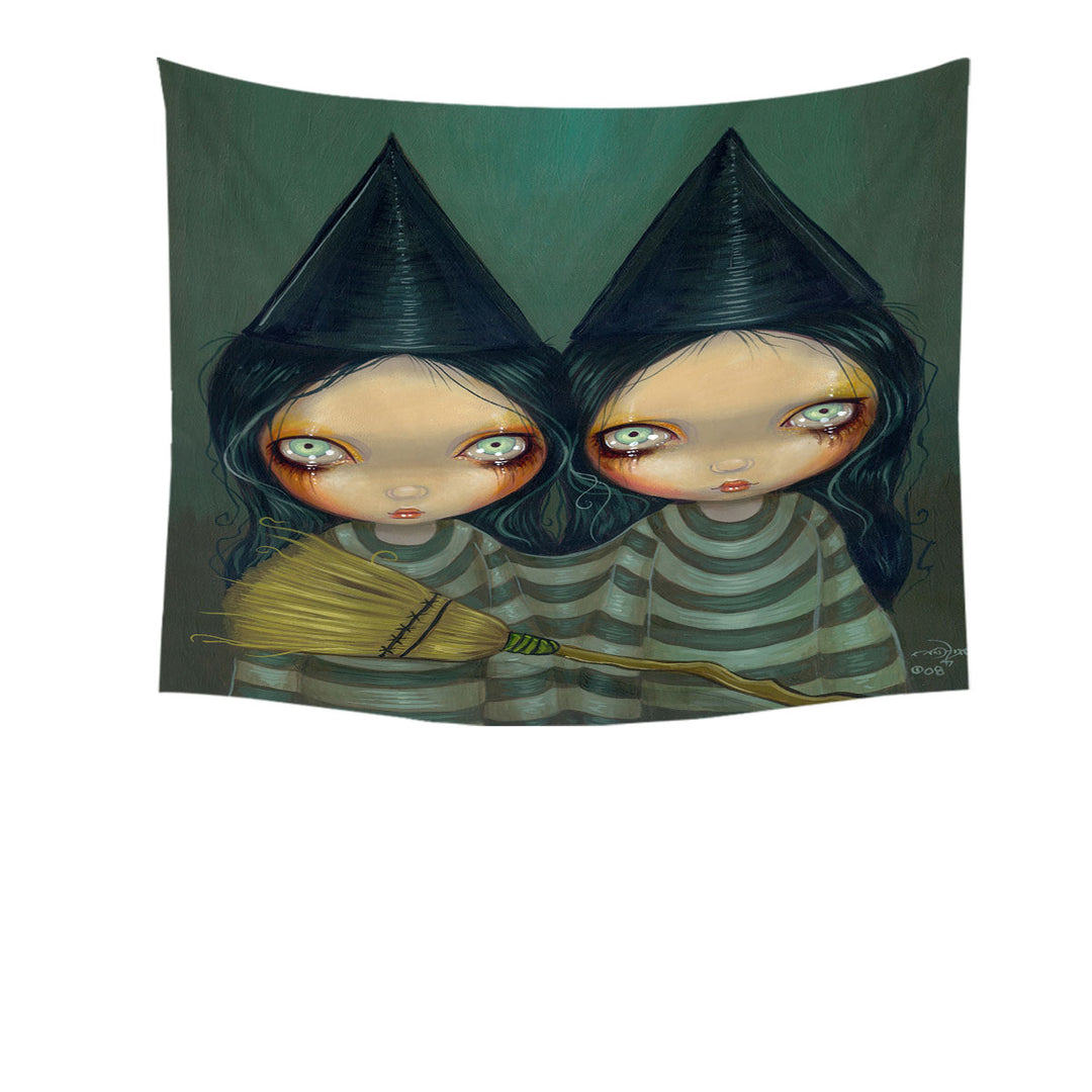 Spooky Wall Decor for Halloween Design Siamese Witch Twins Tapestry