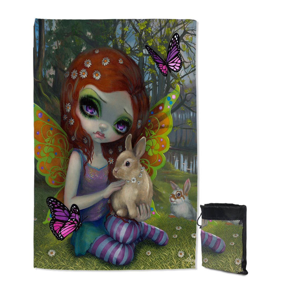Spring Fairy by the Lake with Bunnies Travel Beach Towel