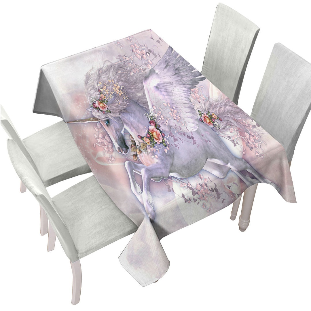 Spring Flight Rosy Roses and Unicorn Pegasus Table Cover