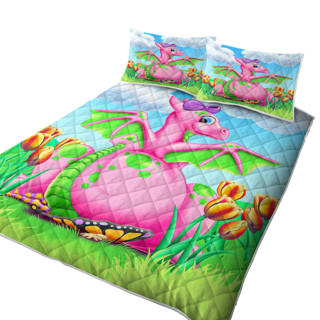 Squishy the Cute Pink Dragon Girl Quilts for Beds
