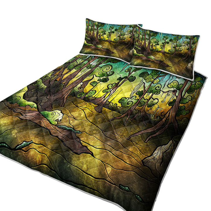 Stained Glass Art Alligator Swamp Forest Quilt Blanket