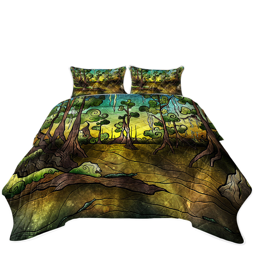 Stained Glass Art Alligator Swamp Forest Twin Quilt