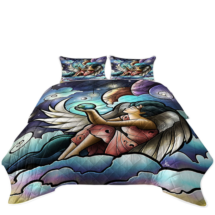 Stained Glass Art Angel of the Milky Way Galaxy Bedspreads and Quilts